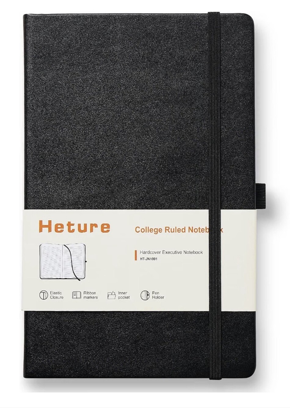 Heture Hardcover Executive Notebook College Ruled Elastic Closure Black
